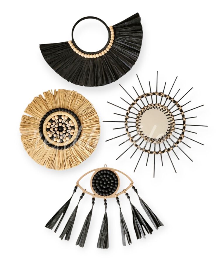 4lü Siyah Rafya&Bambu ayna bohem set