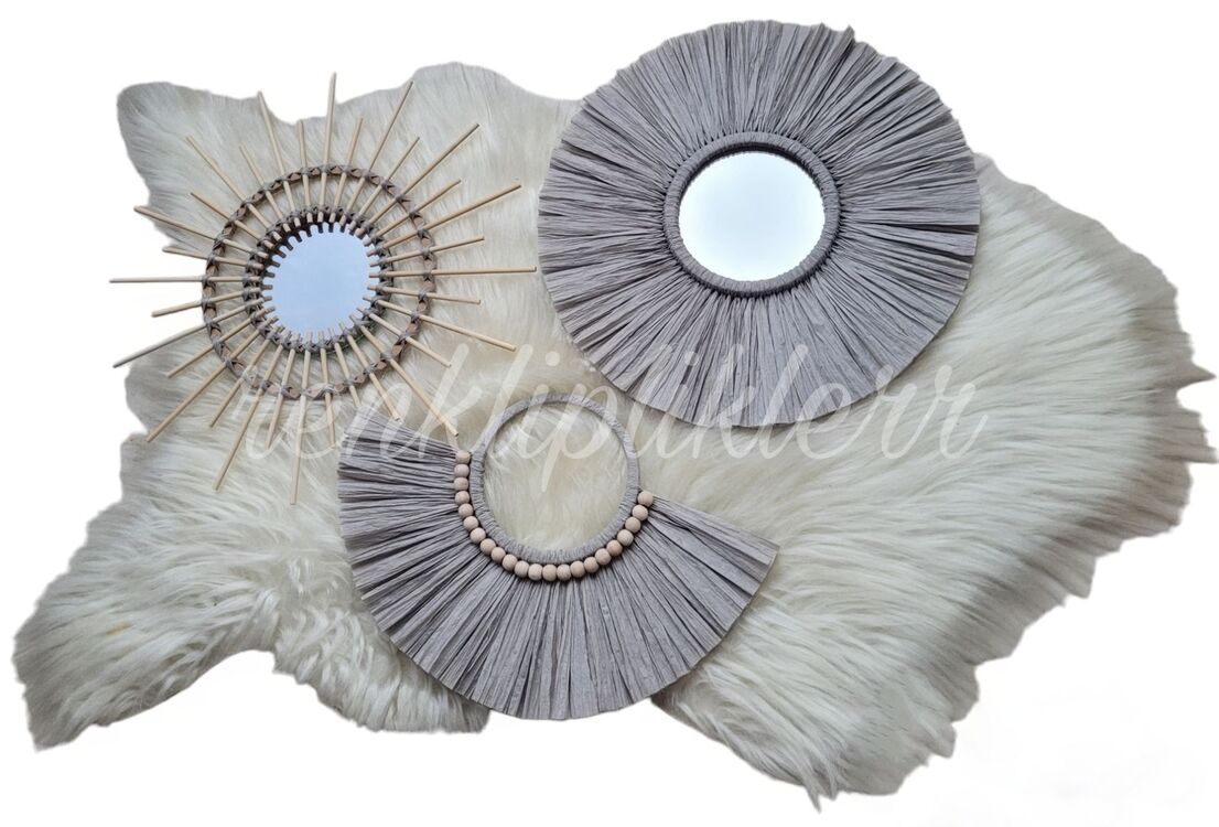 3’lü Gri Rafya&Bambu Ayna Set