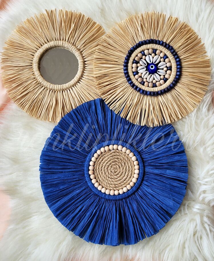 Mavi detaylı Rafya ayna set