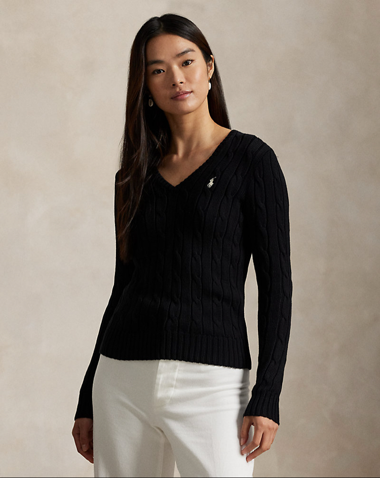 Cable-Knit Cotton V-Neck Jumper Black (Women)