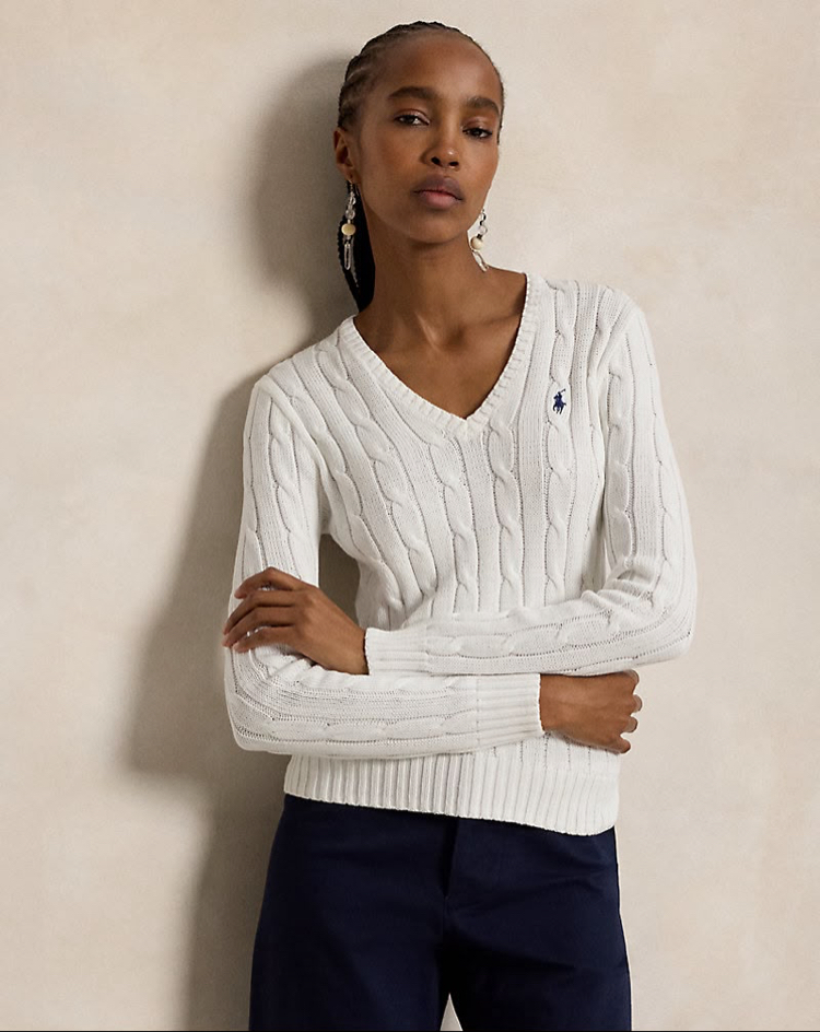 Cable-Knit Cotton V-Neck Jumper White (Woman)