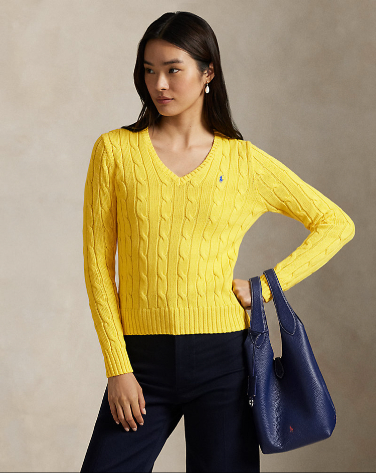 Cable-Knit Cotton V-Neck Jumper Yellow (Woman)