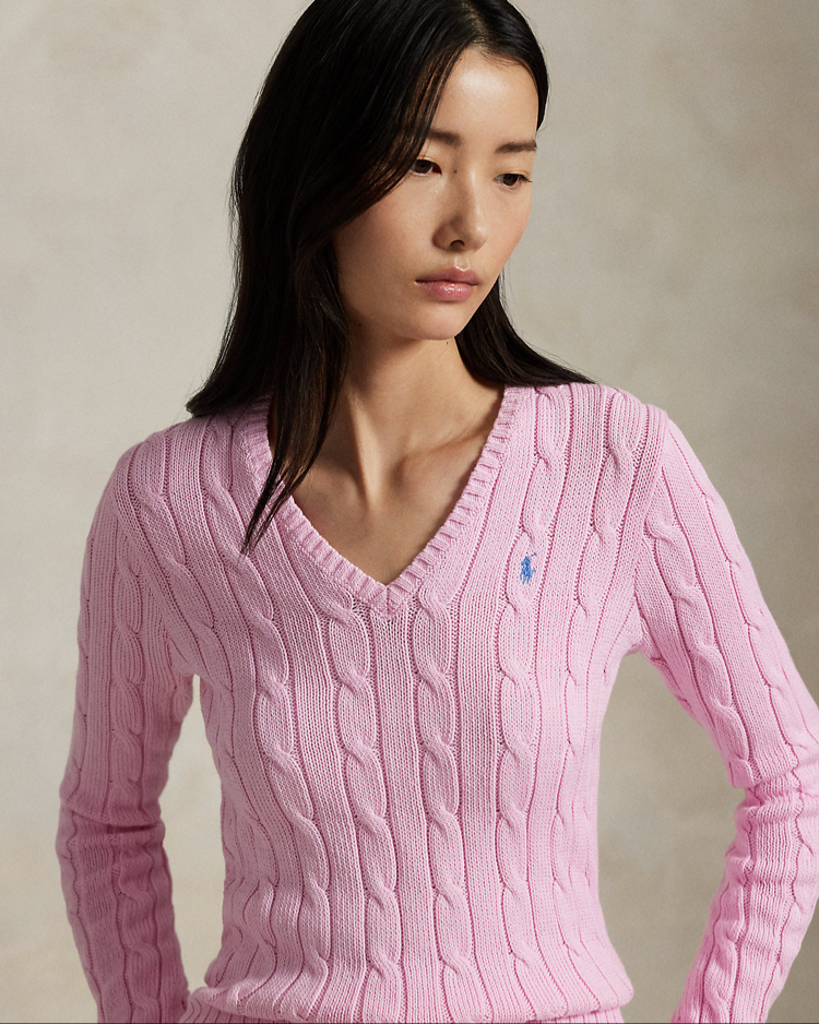 Cable-Knit Cotton V-Neck Jumper Carmel Pink (Woman)