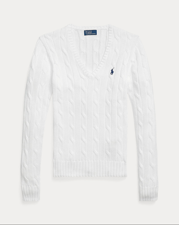 Cable-Knit Cotton V-Neck Jumper White (Woman)
