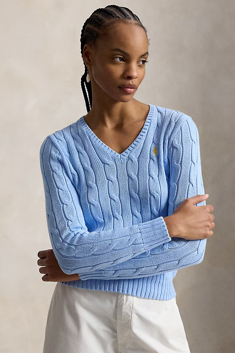 Cable-Knit Cotton V-Neck Jumper Baby Blue (Woman)