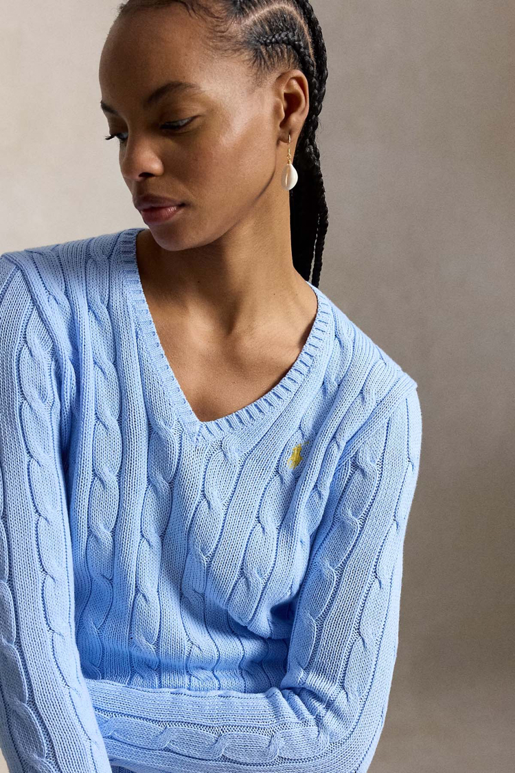 Cable-Knit Cotton V-Neck Jumper Baby Blue (Woman)