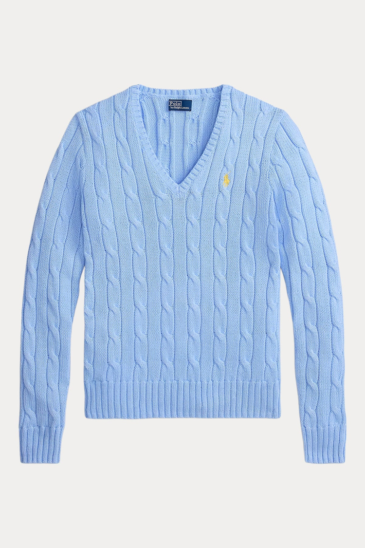 Cable-Knit Cotton V-Neck Jumper Baby Blue (Woman)