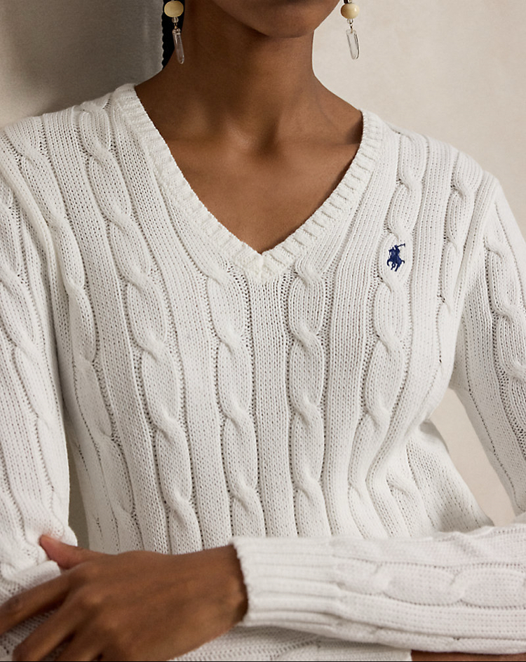 Cable-Knit Cotton V-Neck Jumper White (Woman)