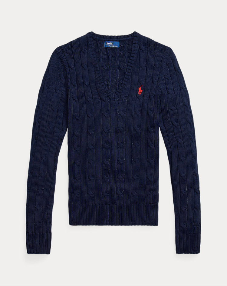 Cable-Knit Cotton V-Neck Jumper Navy (Woman)