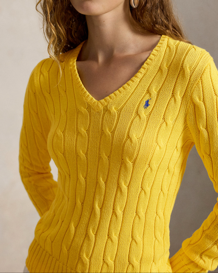 Cable-Knit Cotton V-Neck Jumper Yellow (Woman)