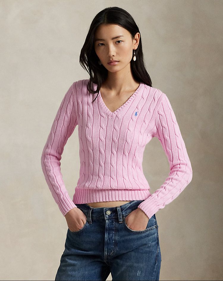 Cable-Knit Cotton V-Neck Jumper Carmel Pink (Woman)