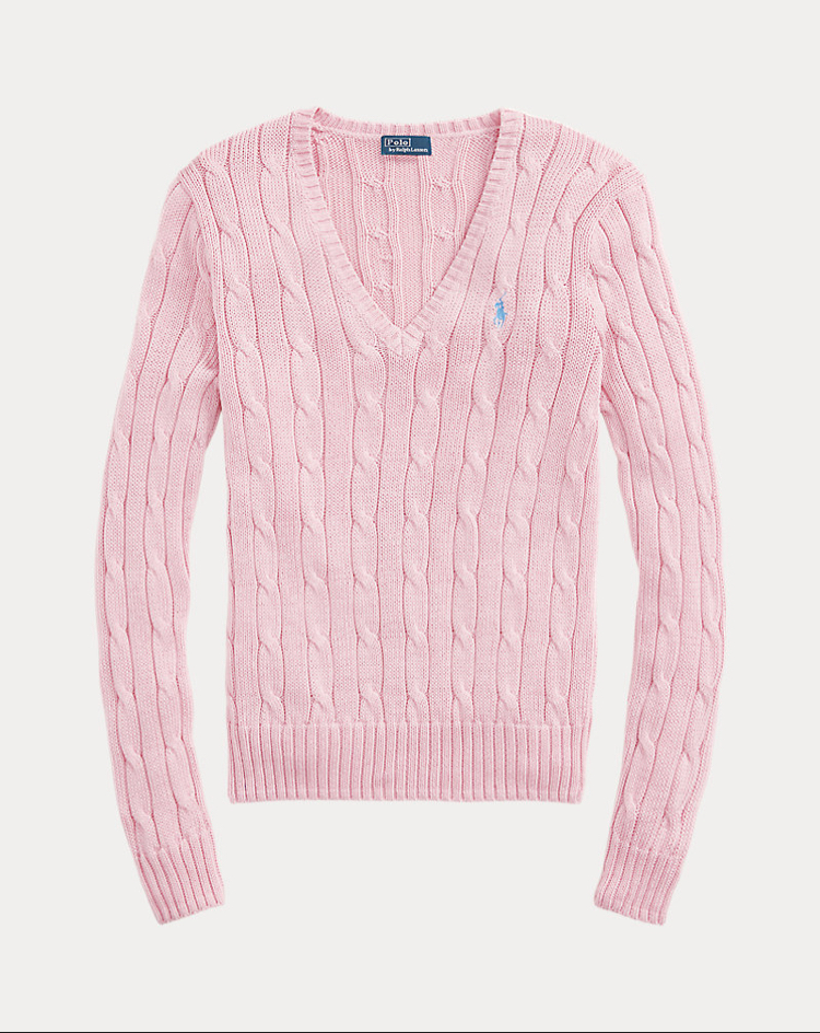 Cable-Knit Cotton V-Neck Jumper Carmel Pink (Woman)