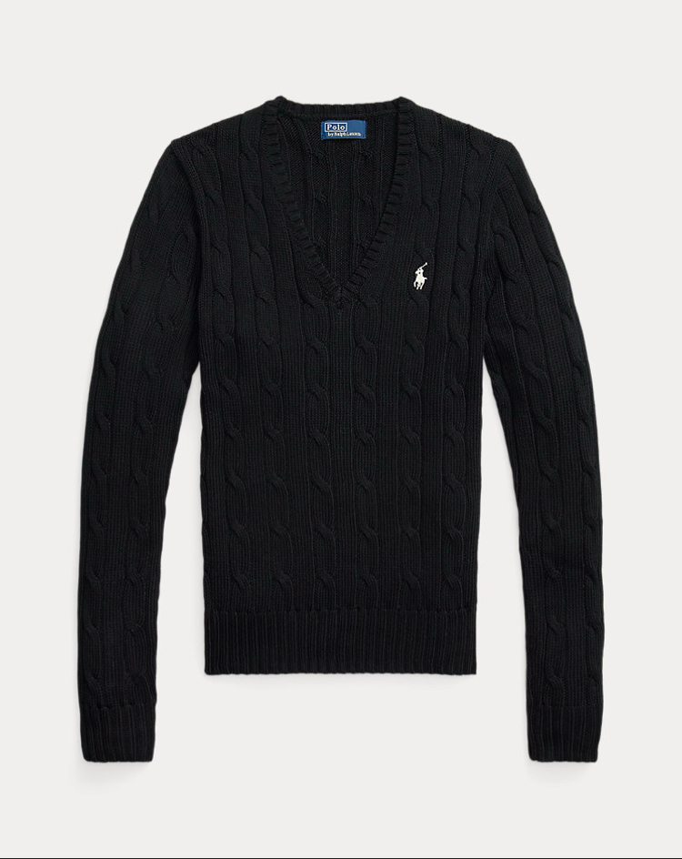 Cable-Knit Cotton V-Neck Jumper Black (Women)