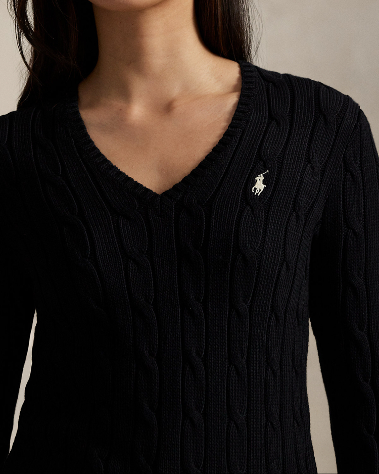 Cable-Knit Cotton V-Neck Jumper Black (Women)