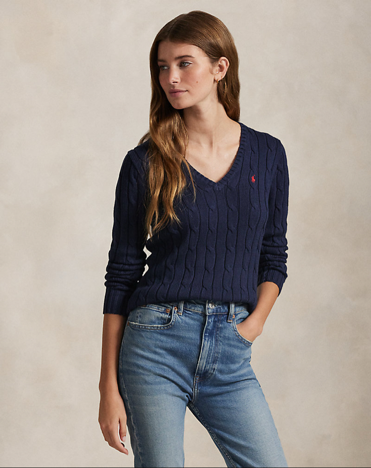 Cable-Knit Cotton V-Neck Jumper Navy (Woman)