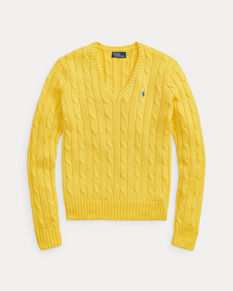 Cable-Knit Cotton V-Neck Jumper Yellow (Woman)