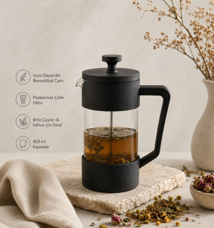 Revna French Press 420 ml Bitki Çayı ve Kahve Demliği | Borosilikat Cam | Paslanmaz Çelik Filtre