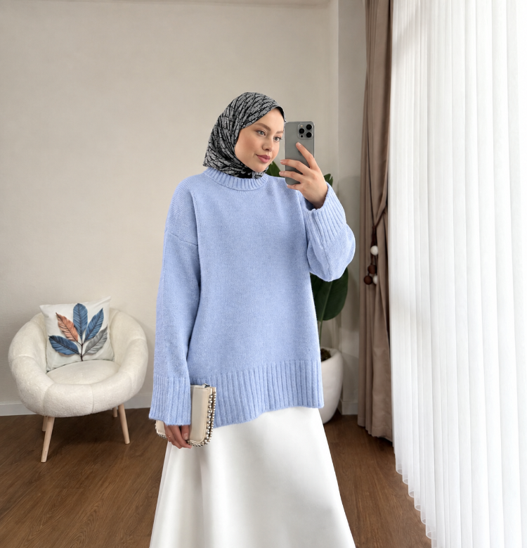Oversize Bisiklet Yaka Tesettür Kazak - Bebe Mavi