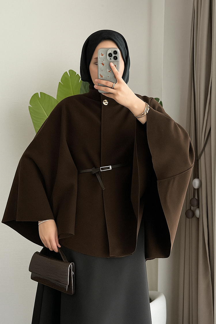 Oversize Kemerli Kaşe Panço - Kahverengi