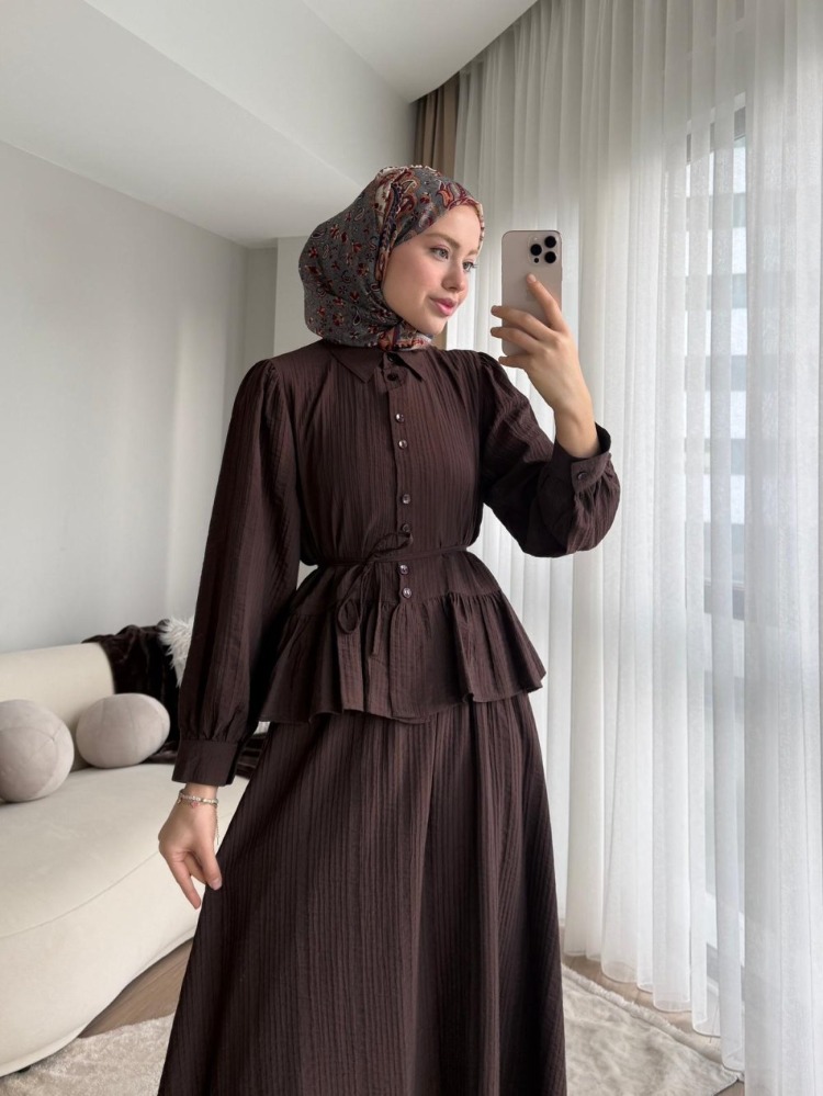 Melinda Begonya Kumaş Etekli Takım - Kahverengi