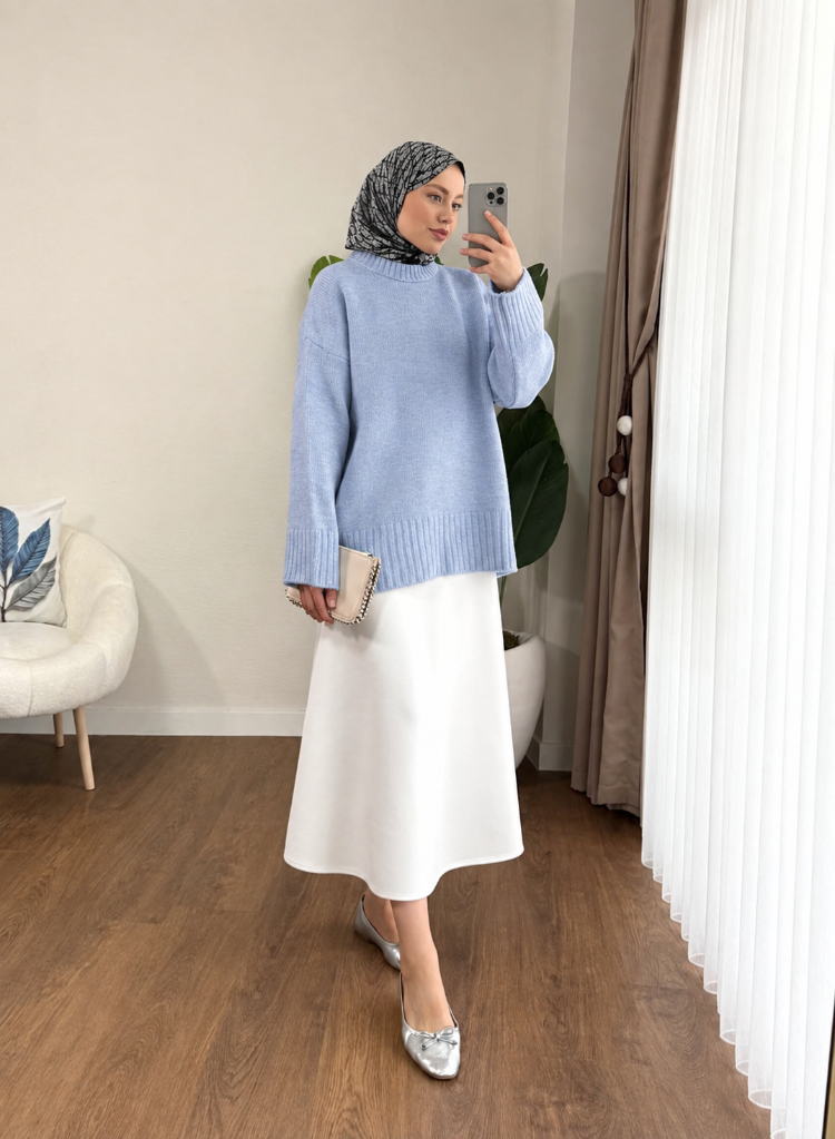 Oversize Bisiklet Yaka Tesettür Kazak - Bebe Mavi