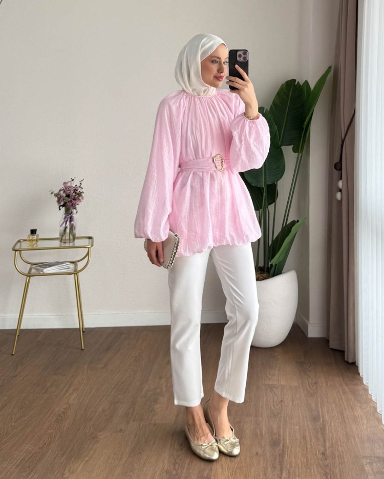Balon Kol Bubble Kemerli Tunik - Pembe