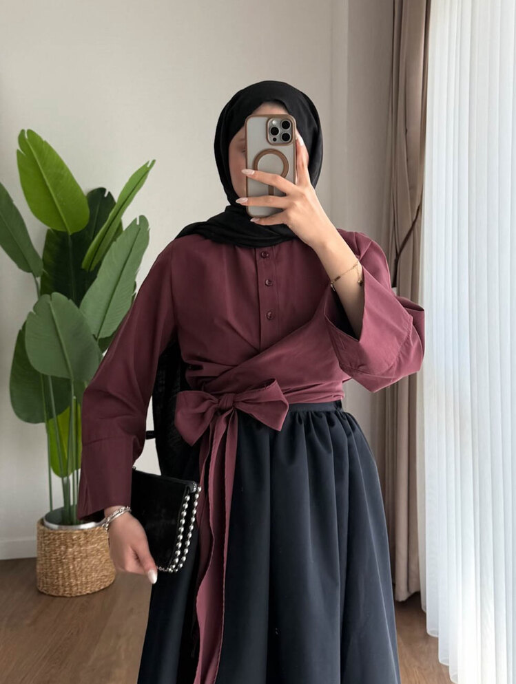 Bel Bağlamalı Kuşaklı Gömlek - Bordo
