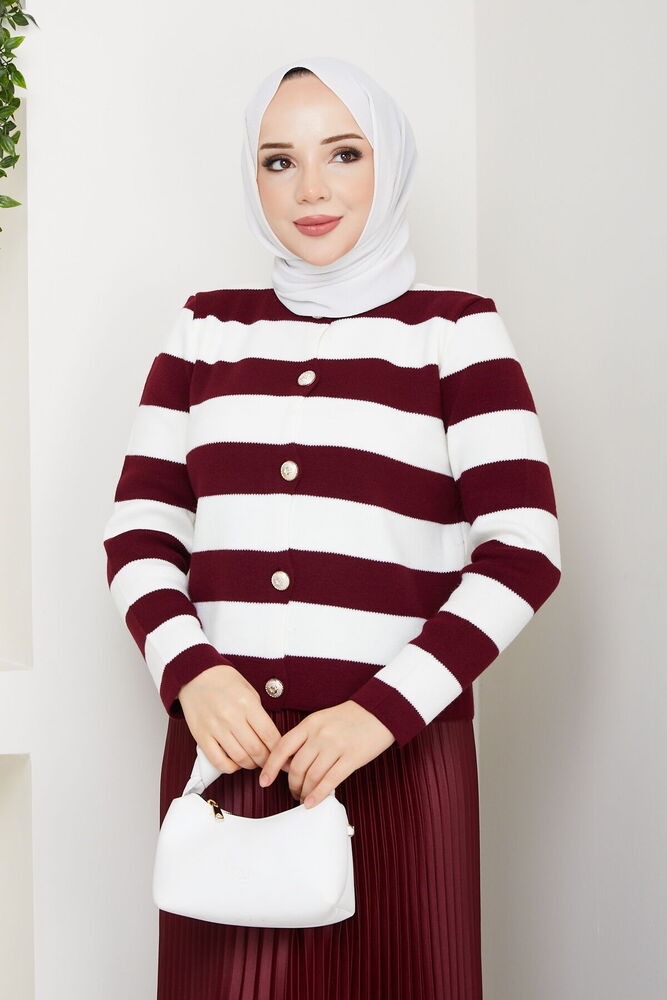 Etek Üstü Düğme Detaylı Çizgili Triko Hırka - Bordo