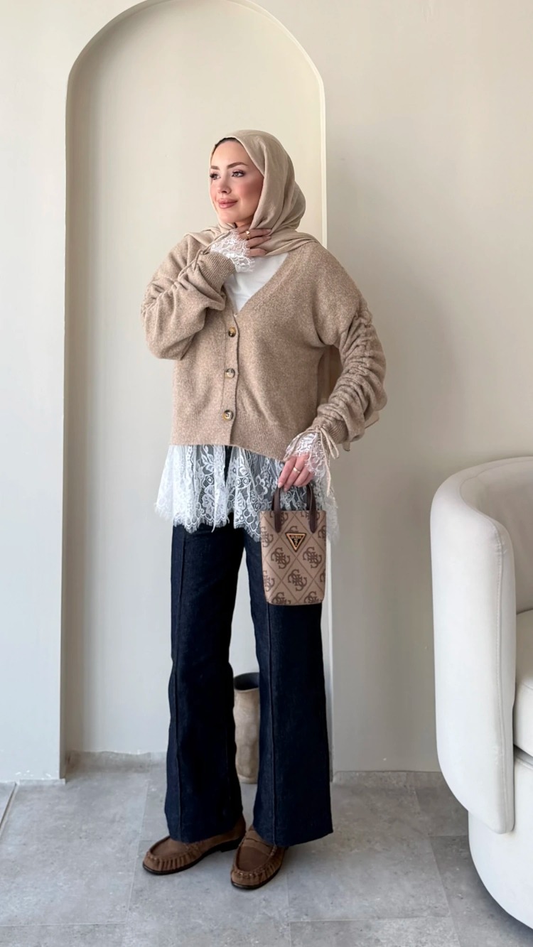 Dantel Detaylı V Yaka Triko Hırka - Taş