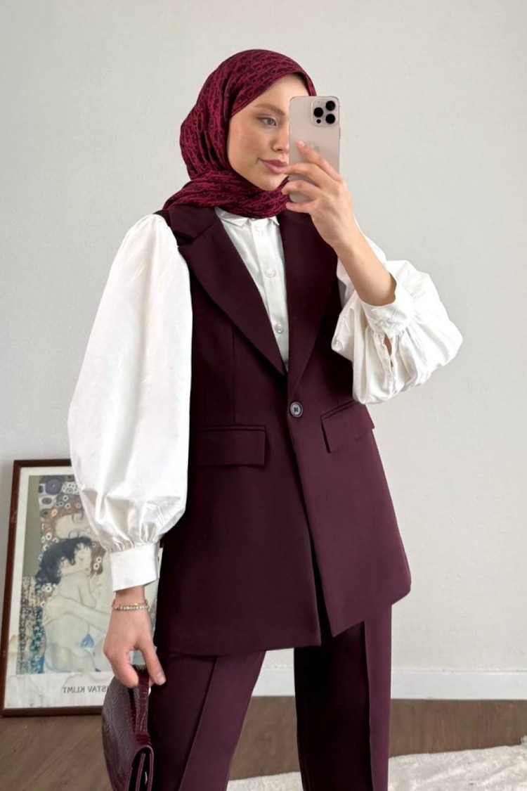 Tek Düğme Detaylı Double Kumaş Yelekli Pantolonlu Takım - Bordo