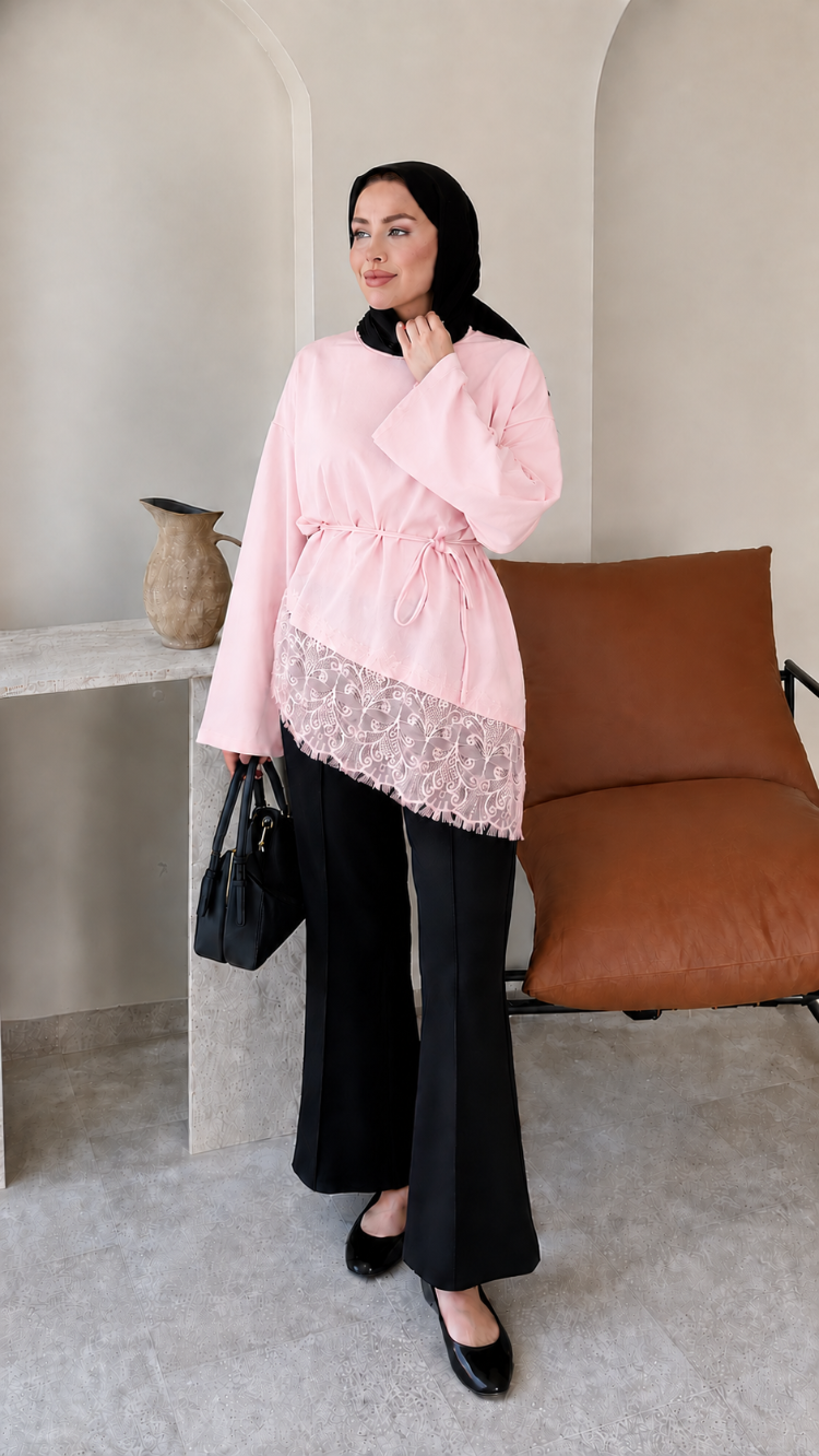 Dantel Detaylı Bel Bağlamalı Penye Sweat - Pembe
