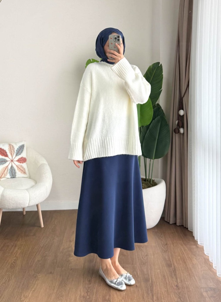 Oversize Bisiklet Yaka Tesettür Kazak - Krem