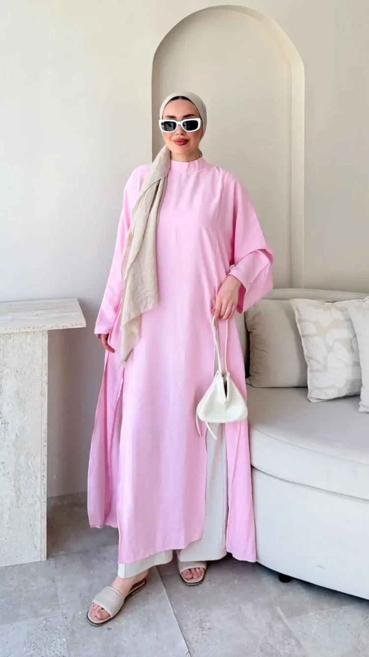 Seyyar Kemerli Tensel Yırtmaç Detaylı Tunik Boy Bluz - Pembe