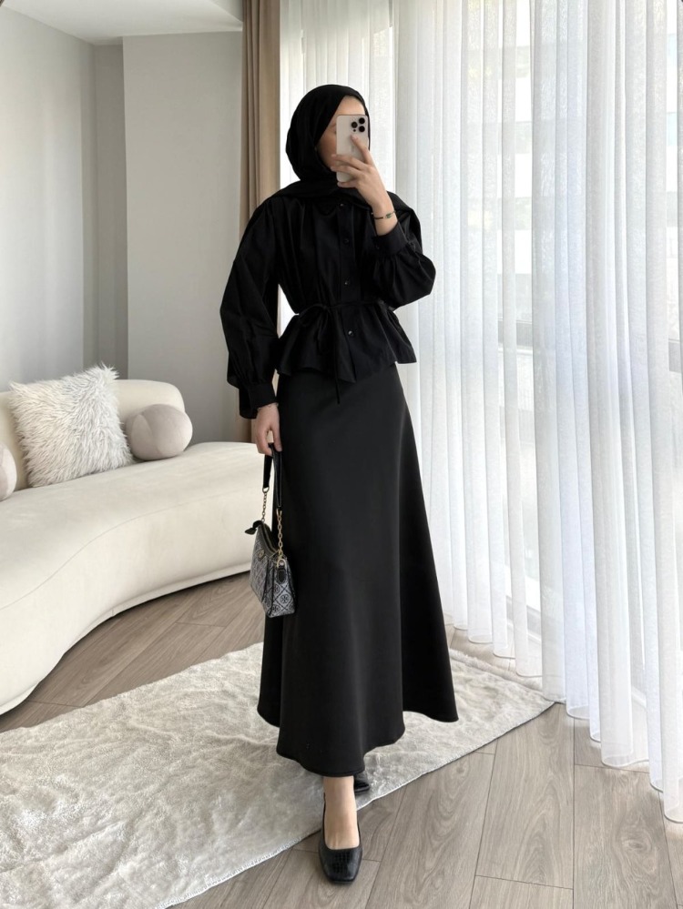 Omuzu Pileli Etek Üstü Oversize Kısa Gömlek - Siyah