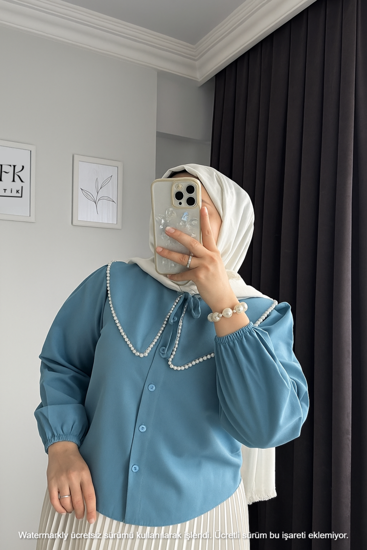 Bebe Yaka İncili Gömlek - Bondi Mavi