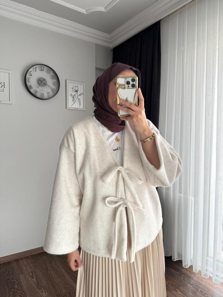 Etek Üstü Önden Bağlamalı Fox Kimono - Beyaz