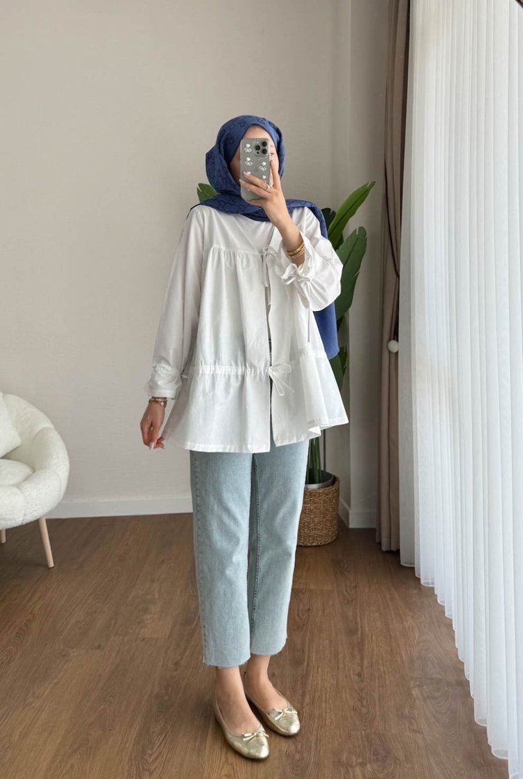 Büzgülü Önden Bağlamalı Poplin Kimono - Beyaz