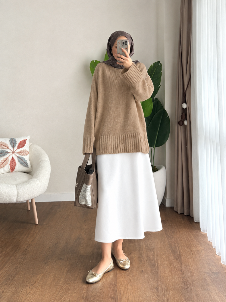 Oversize Bisiklet Yaka Tesettür Kazak - Camel