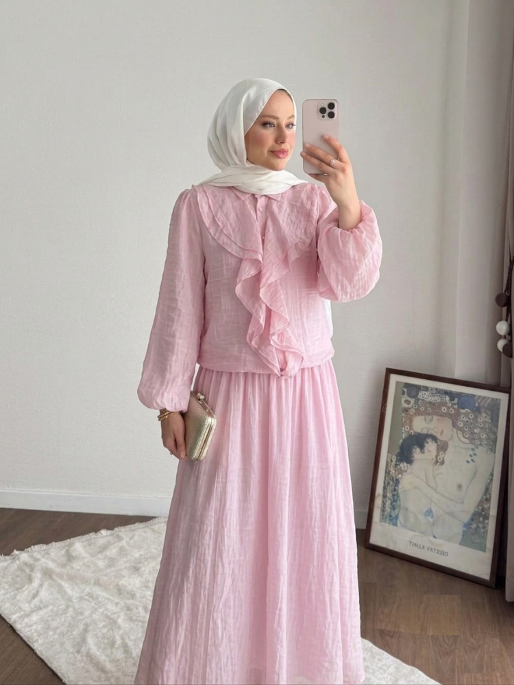 İnce Modal Önü Fırfırlı Etekli Tesettür Takım - Pembe