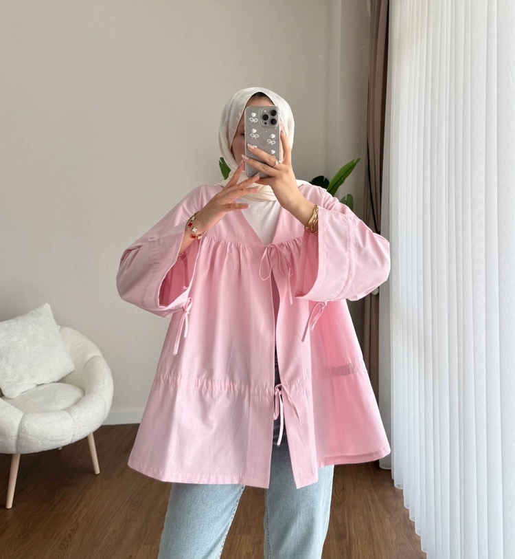 Büzgülü Önden Bağlamalı Poplin Kimono - Pembe