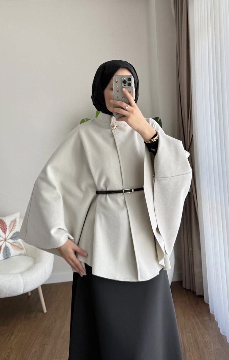 Oversize Kemerli Kaşe Panço - Bej