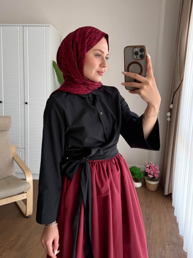 Bel Bağlamalı Kuşaklı Gömlek - Siyah
