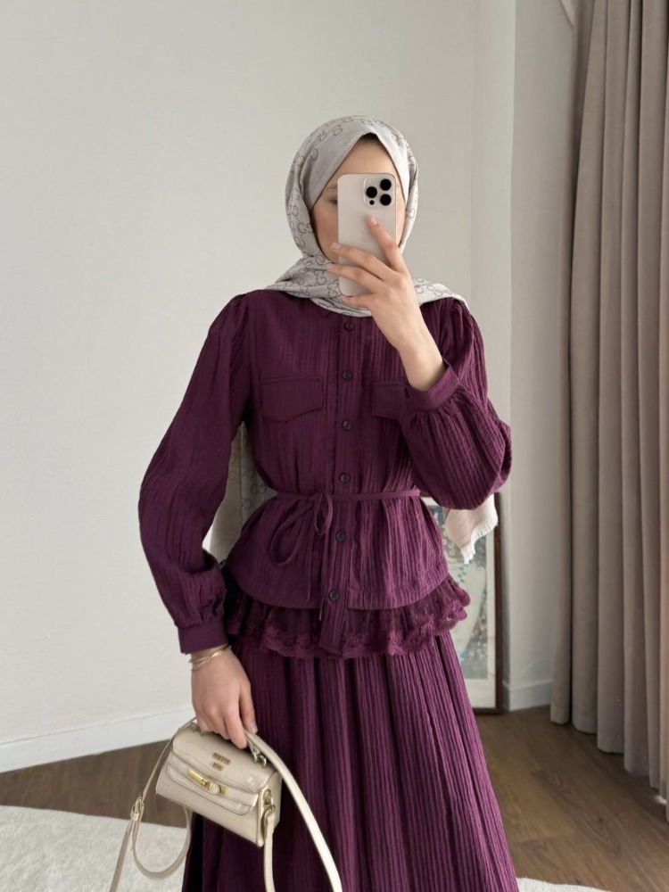 Dantel Detaylı Paris Etekli Takım - Mürdüm