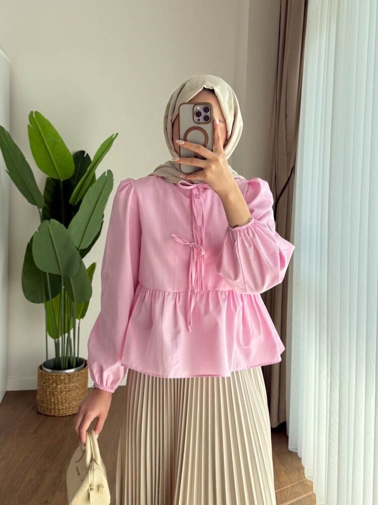 Önü Bağcıklı Balon Kol Gömlek - Pembe
