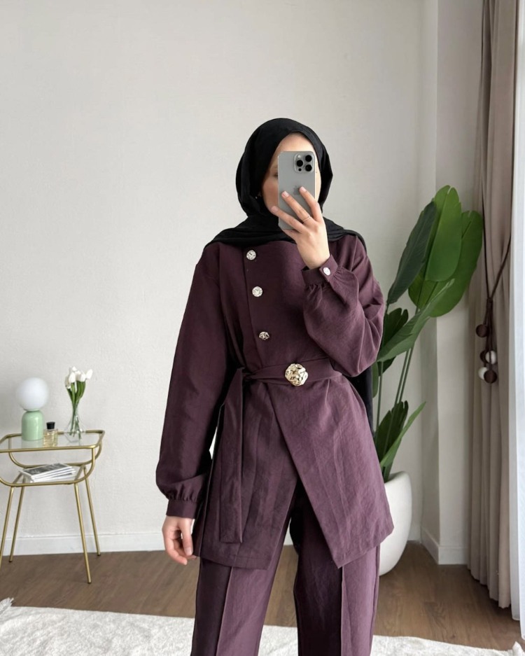 Zara Kupra Seyyar Kemerli Gold Düğmeli Pantolonlu Takım - Mürdüm