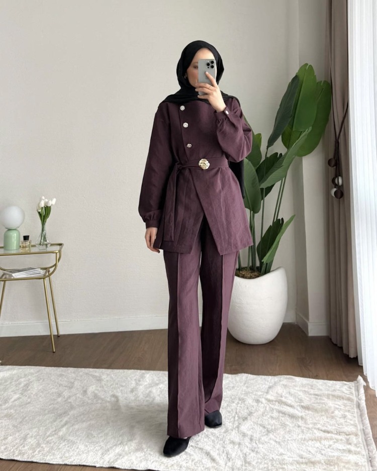 Zara Kupra Seyyar Kemerli Gold Düğmeli Pantolonlu Takım - Mürdüm
