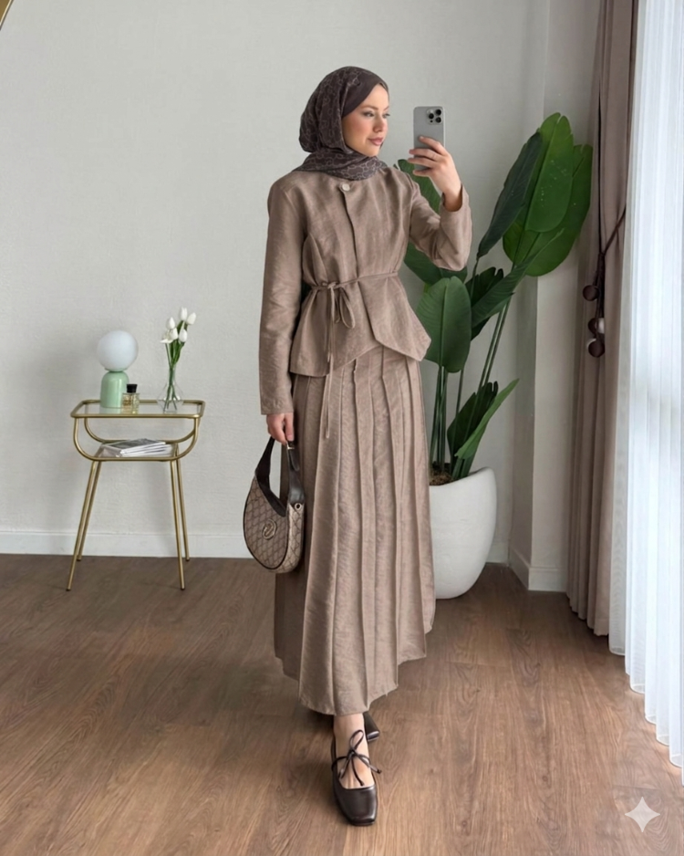 Zara Kupra Seyyar Kemerli Çımalı Etekli Takım - Vizon
