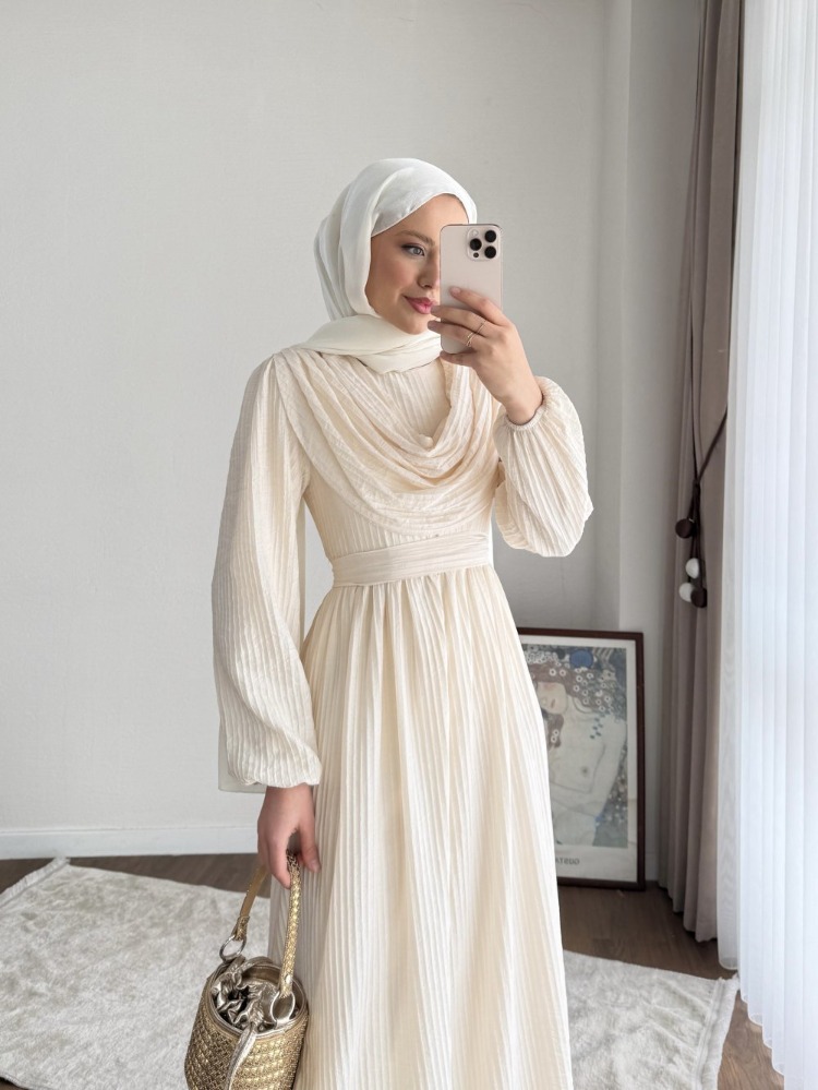 Twing Volanlı Yeni Sezon Elbise - Krem