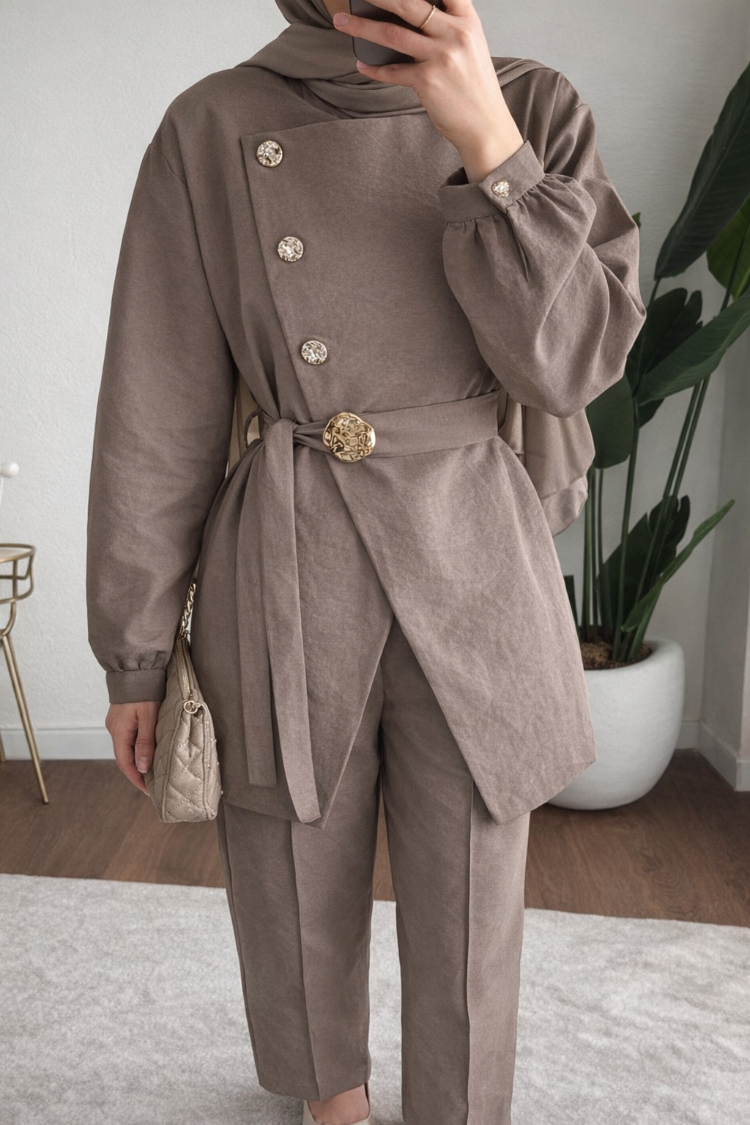 Zara Kupra Seyyar Kemerli Gold Düğmeli Pantolonlu Takım - Vizon