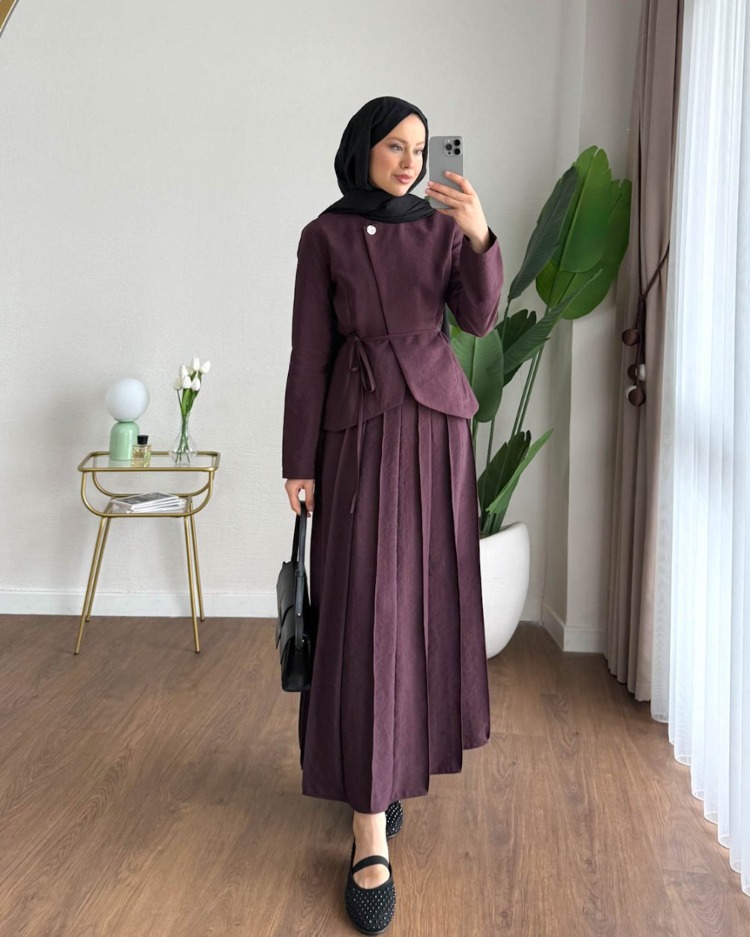 Zara Kupra Seyyar Kemerli Çımalı Etekli Takım - Mürdüm